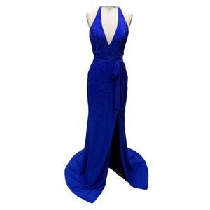 NEW AVA PRESLEY women's stretch jersey halter long gown in cobalt